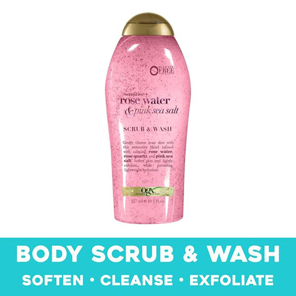 OGX Sensitive + Pink Sea Salt & Rosewater Sulfate-Free Soothing Body Scrub with Healing Rose Quartz, Gentle Exfoliating Daily Body Wash to Soften Beauty & Personal Care OGX