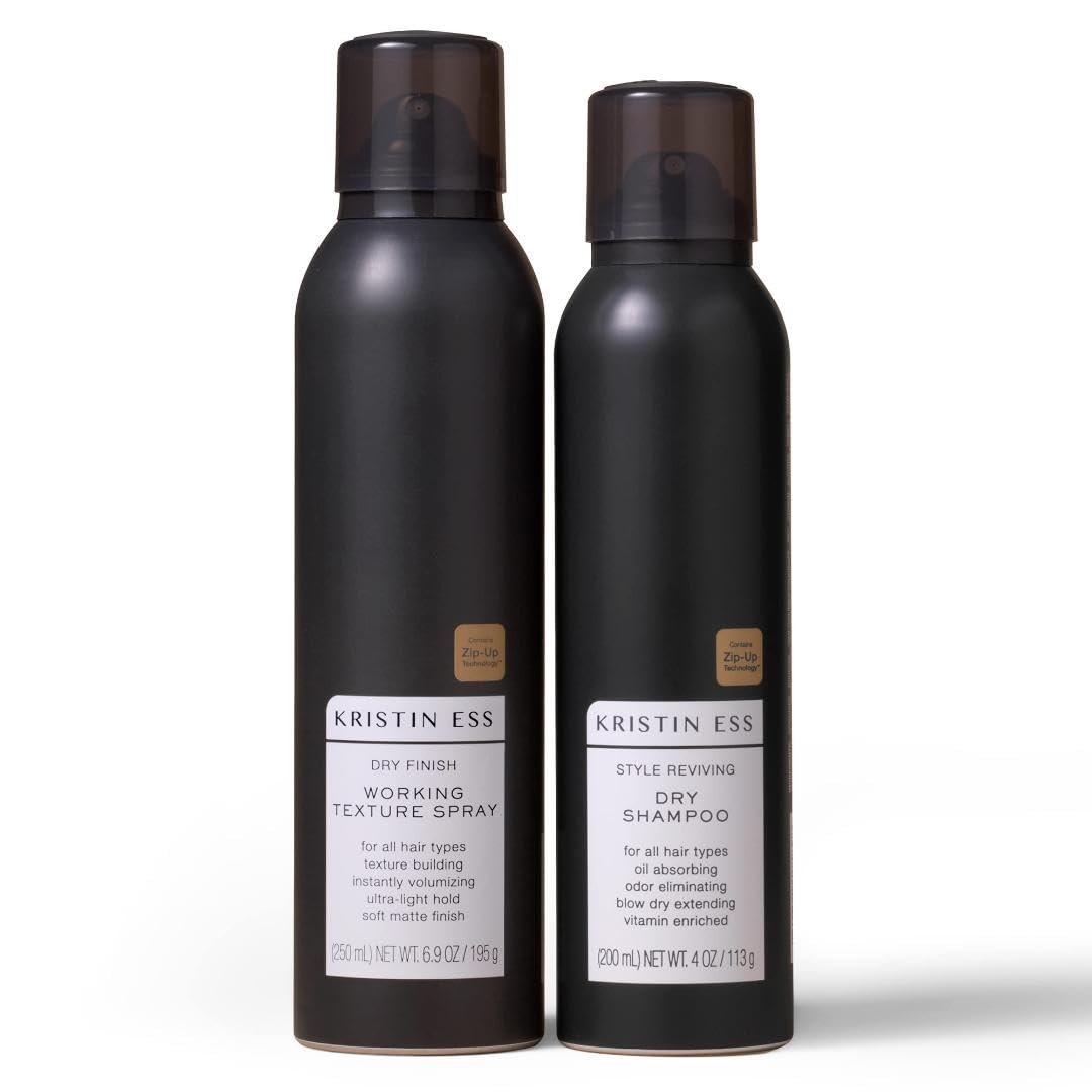 Kristin Ess Hair Dry Styling Set - Vitamin C Dry Shampoo Powder Spray + Light Hold Texturizing Spray - Volumizing + Oil Absorbing + Shine Enhancing