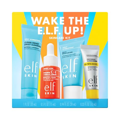 e.l.f. SKIN Wake the e.l.f. Up Skincare Kit, Travel-Size Hydrating Face Cleanser, Sunscreen, Moisturizer & Brightening Serum, Vegan & Cruelty-Free Beauty & Personal Care e.l.f.