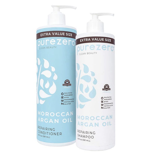 Purezero Moroccan Argan Oil Shampoo & Conditioner set - Repair Damaged Hair - Fight Dandruff & Frizz - Zero Sulfates, Parabens, Dyes, Gluten - Vegan Beauty & Personal Care Purezero
