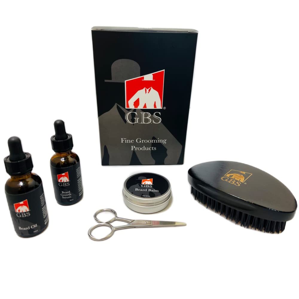 G.B.S Beard Care Grooming Kit For Men - Beard Oil, Beard Balm, Beard Growth Serum, Military Beard Brush, Mustache Trimming Scissors - Beard Styling Beauty and Personal Care G.B.S