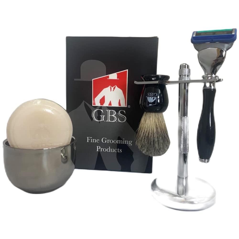 G.B.S Ultimate Wet Shaving kit for Men- 5 Blade Compatible Razor + 1 Blade, 100% Pure Badger Brush, Stainless Steel Shaving Bowl and Dual Stand Beauty and Personal Care G.B.S