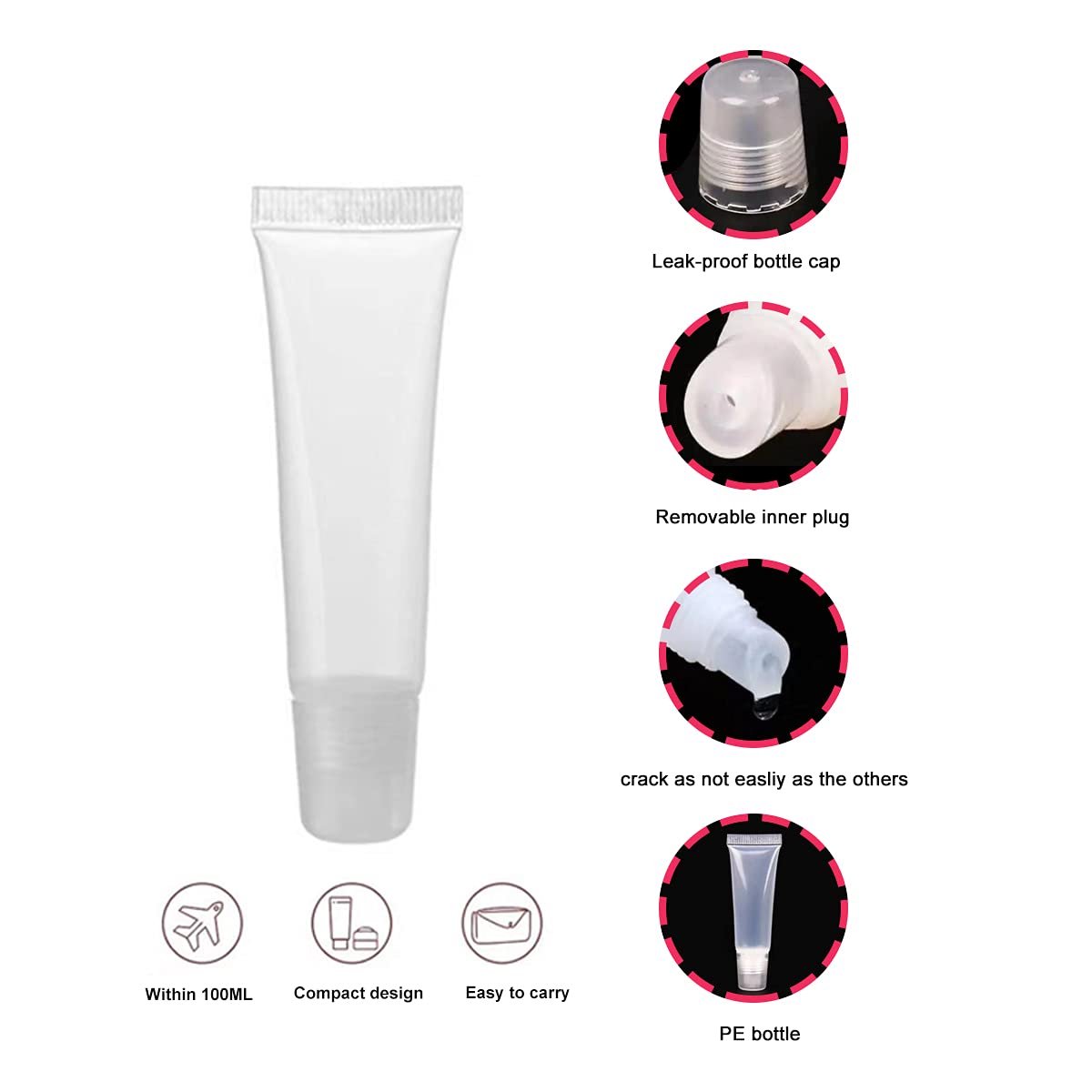 Ewanda store 50PCS 10ml Empty Lip Gloss Balm Tubes Lip Gloss Containers Cute Lipgloss Supplies Squeeze Tubes with Bevel Stoppers Beauty & Personal Care Ewanda store