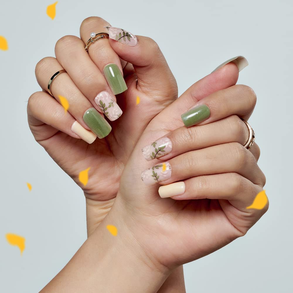 Press on Nails Medium Short Square GLAMERMAID, Amber Green Ferns Fake Nails with Design Cute Acrylic False Nail Kits Stick Glue on Nails Sets Beauty & Personal Care GLAMERMAID