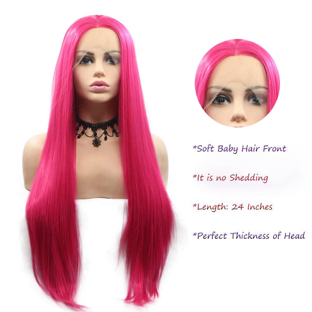 Kalisa Rose Lace Front Wigs for Women Long Straight Rose Red Nature Hairline Wig Heat Resistant Fiber Premium Glueless Wig for Cosplay Party 24’’