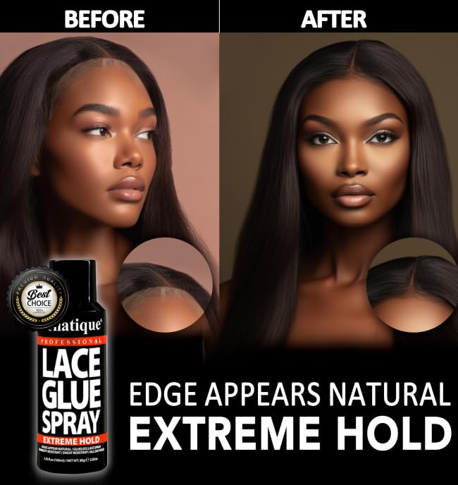 BELLATIQUE Lace Glue Spray - Extreme Hold. Edges Appear Natural, Humidity Resistant, Sweat Resistant, All Day Hold, Quick Drying, Flake Free, Easily