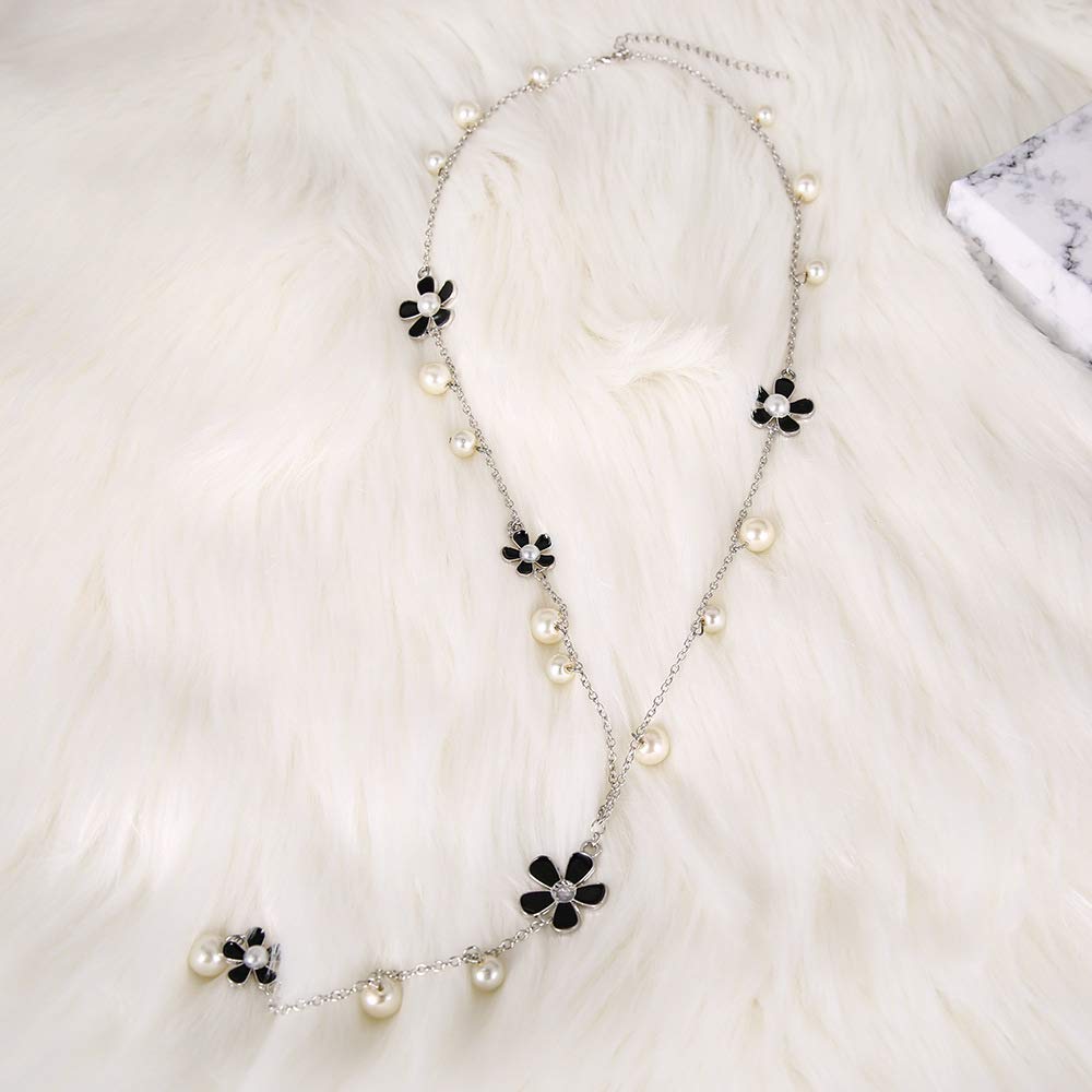 DoubleNine Camellia Long Chain Necklace Beads Silver Crysyal Pendant Drop Charm Necklace for Women Bride Wedding Evening Party Beauty & Personal Care Doubnine