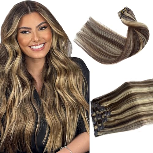 Clip in Hair Extensions Real Human Hair, Chocolate Brown and Blonde Highlights Real Hair Extensions Clip in Human Hair 22 Inch 7 Pieces Double Weft