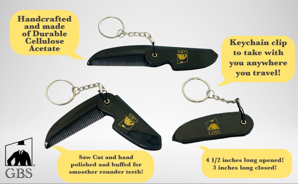 GENTS Premium Folding Pocket Comb - Handmade Cellulose Acetate Hair Comb for Men & Women - Travel Size with Keychain Clip - Professional Grooming Tool