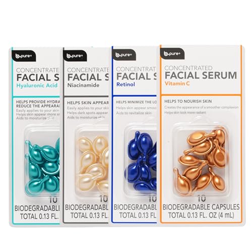 b.pure Complete Concentrated Facial Serum Variety Pack | Hyaluronic Acid, Niacinamide, Retinol, & Vitamin C Capsules | 40-Count Beauty & Personal Care b.pure