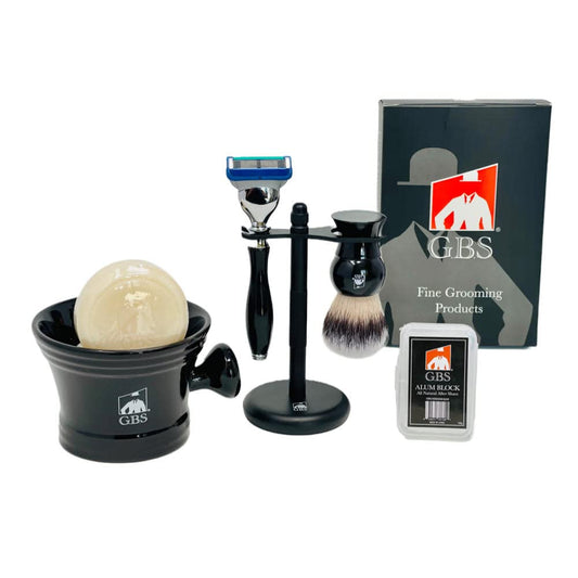 G.B.S Wet Shaving Kit, Black Razor Blade, Black Handle Synthetic Bristle Brush and Mug, Alum Block and Soap Beauty and Personal Care G.B.S