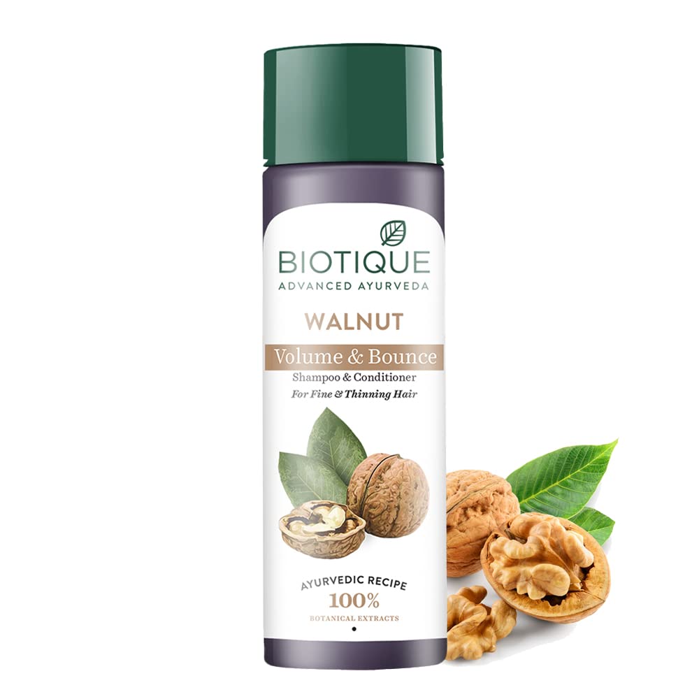 Biotique Walnut Bark Volumizing Shampoo For Fine & Thinning Hair 190 ml/ 6.42 Oz. I Makes Hair Healthy, Silky, Shiny And Pure Natural Black I Musk