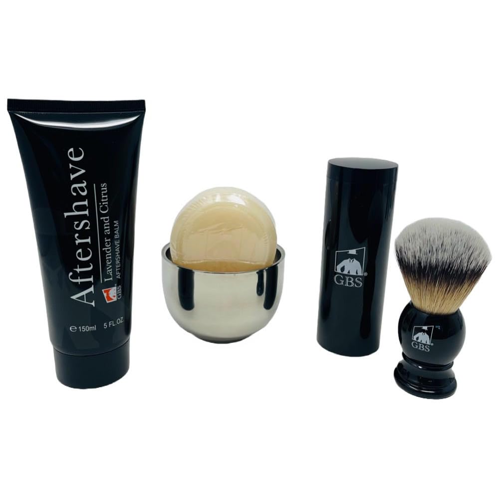 G.B.S Shaving Set for Sensitive Skin, Includes Steel Lather Bowl, Lavender and Citrus Aftershave Balm, Lavender and Citrus Shave Soap and Synthetic Beauty and Personal Care G.B.S