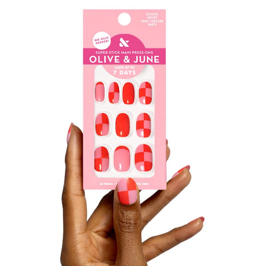 Olive & June Super Stick Press-On Nails, Pink Checker Party
