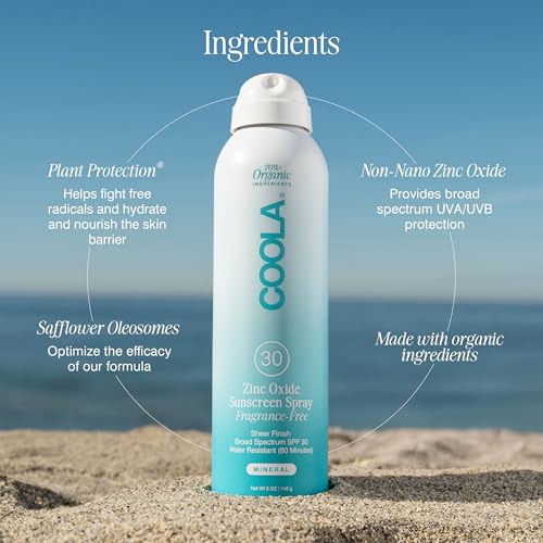 COOLA Organic Mineral Sunscreen SPF 30 Sunblock Spray, Dermatologist Tested Skin Care for Daily Protection, Vegan and Gluten Free, Fragrance Free, 5 Beauty & Personal Care COOLA