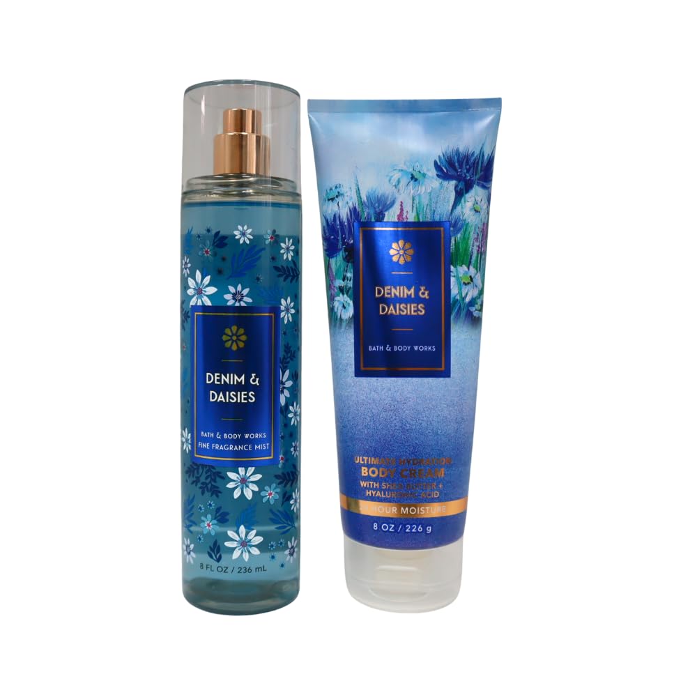 Bath & Body Works DENIM & DAISIES Mist & Body Cream 2-piece Gift Set with a Blue Bow for Holidays & Gifts Beauty and Personal Care Bath & Body Works