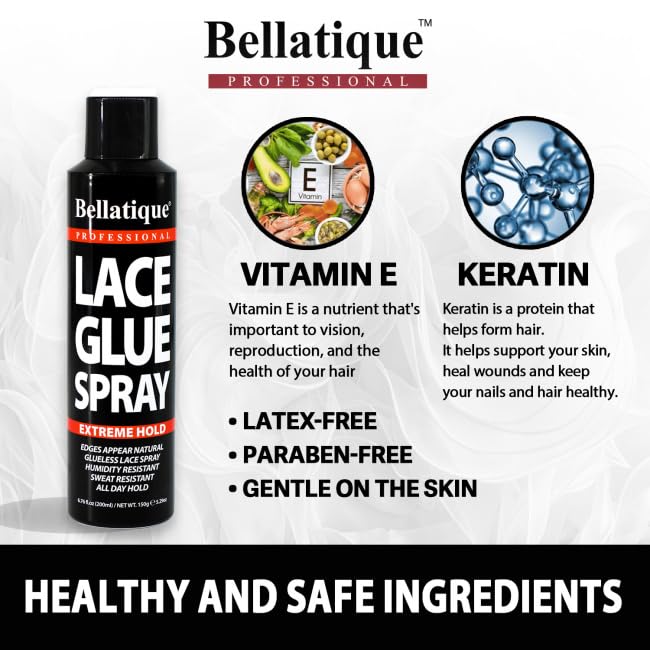 BELLATIQUE Lace Glue Spray (6.76 oz) - Extreme Hold. Edges Appear Natural, Humidity Resistant, Sweat Resistant, All Day Hold, Quick Drying, Flake