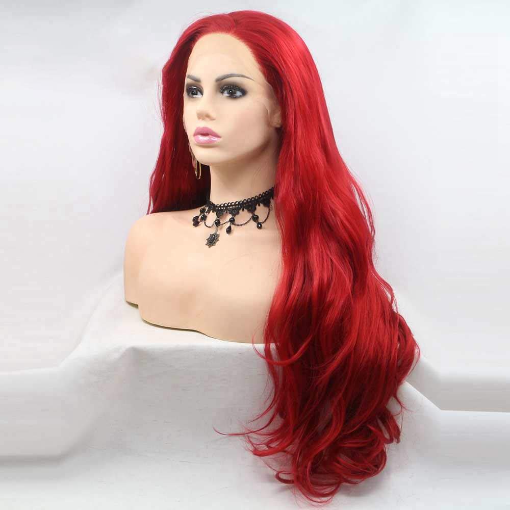 Red Wig Realistic Lace Front Cosplay Wig Hot Red Color Synthetic Cosplay Wig for Women Bright Red Lace Front Wigs with Natural Hairline Long Wavy Hair