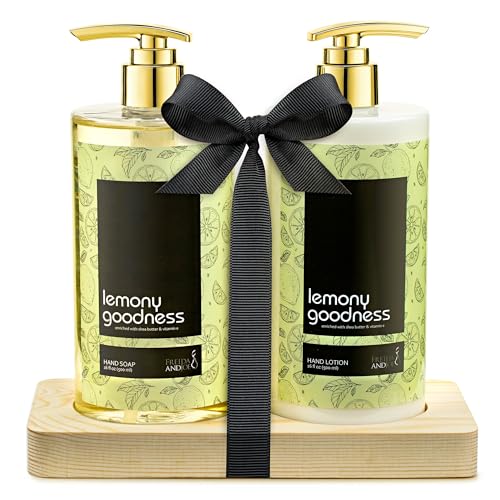 16 fl oz Lemon Citrus Aromatic and Nourishing Hand Soap Set Keep Your Skin Incredibly Soft & Clean in a Wooden Holder Unisex Formula Luxury Body Care Beauty & Personal Care Freida and Joe