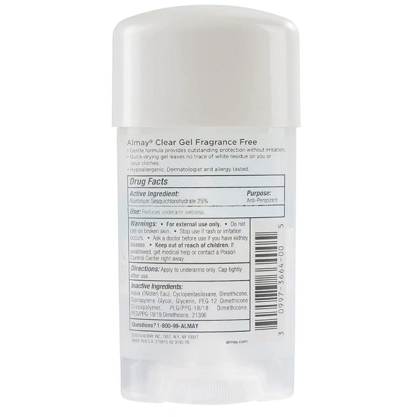 Almay Sensitive Skin Clear Gel Anti-Perspirant & Deodorant, Fragrance Free,2.25 oz(4 Pack) Beauty and Personal Care Almay