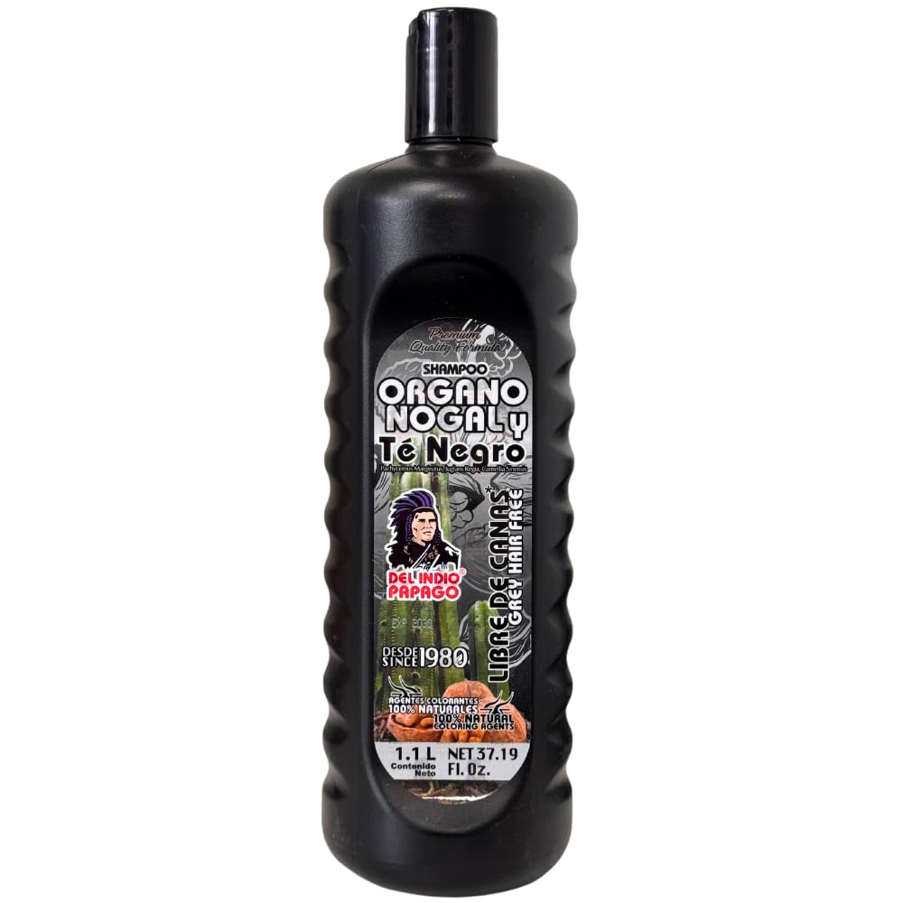 Del Indio Papago Organo Nogal y Té Negro Shampoo 1.1L - Black Walnut & Black Tea Herbal Shampoo for Dark-Looking Hair - Gentle Cleansing Formula - For