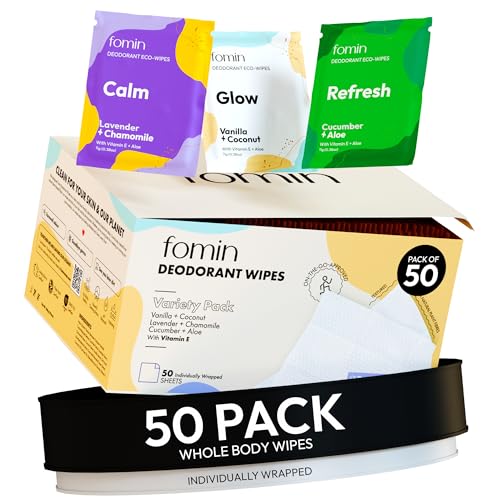 FOMIN Travel Deodorant Wipes - 50 Count - Variety Pack - pH Balanced, Hypoallergenic Mini Deodorant Wipes For Women and Men - Plastic-Free Beauty and Personal Care FOMIN