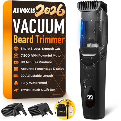 ATVOXIS Vacuum Beard Trimmer for Men Rechargeable, IPX6 Waterproof Mustache Trimmer with Adjustable Length Combs (1/25’’-4/5’’), Men’s Electric Beauty and Personal Care ATVOXIS
