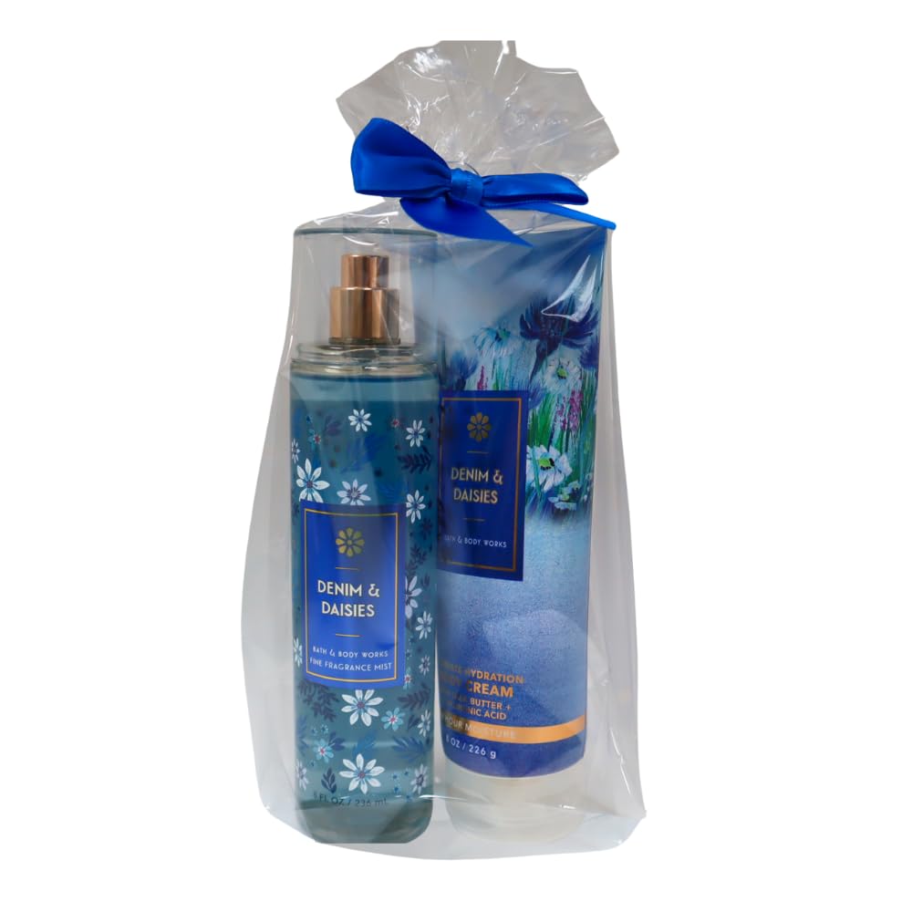 Bath & Body Works DENIM & DAISIES Mist & Body Cream 2-piece Gift Set with a Blue Bow for Holidays & Gifts Beauty and Personal Care Bath & Body Works