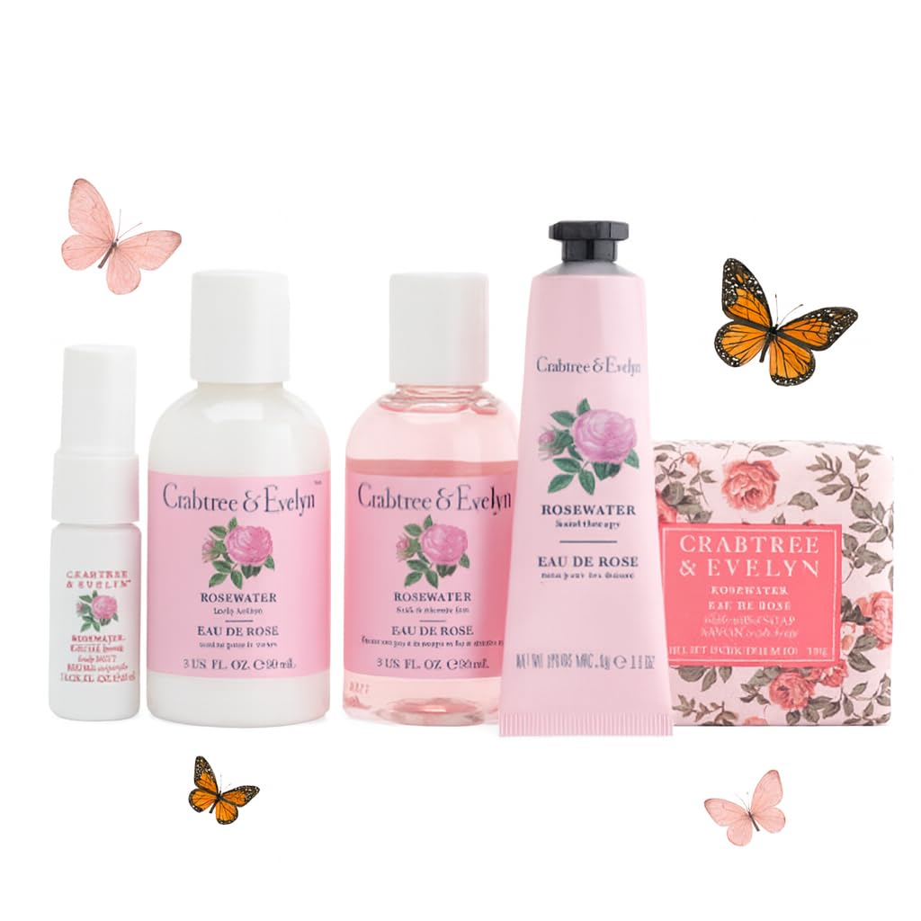 Crabtree & Evelyn Rosewater Personal Travel Bath Set (6 Pieces - (3oz) bath and shower gel (3oz) body lotion (0.9oz) hand cream (0.33oz) body mist Beauty and Personal Care Crabtree & Evelyn