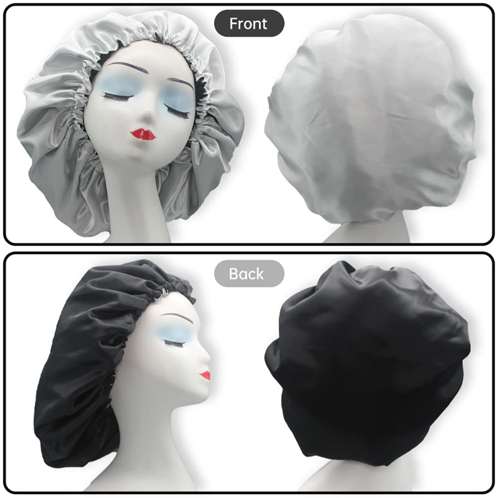 Hanbertti 2pcs Double Layer Satin Sleep Cap, Adjustable Satin Cap, Silk Bonnet, Reusable Bath Hair Cap for Night Sleeping Reversible (Silver Black+ Beauty & Personal Care Hanbertti