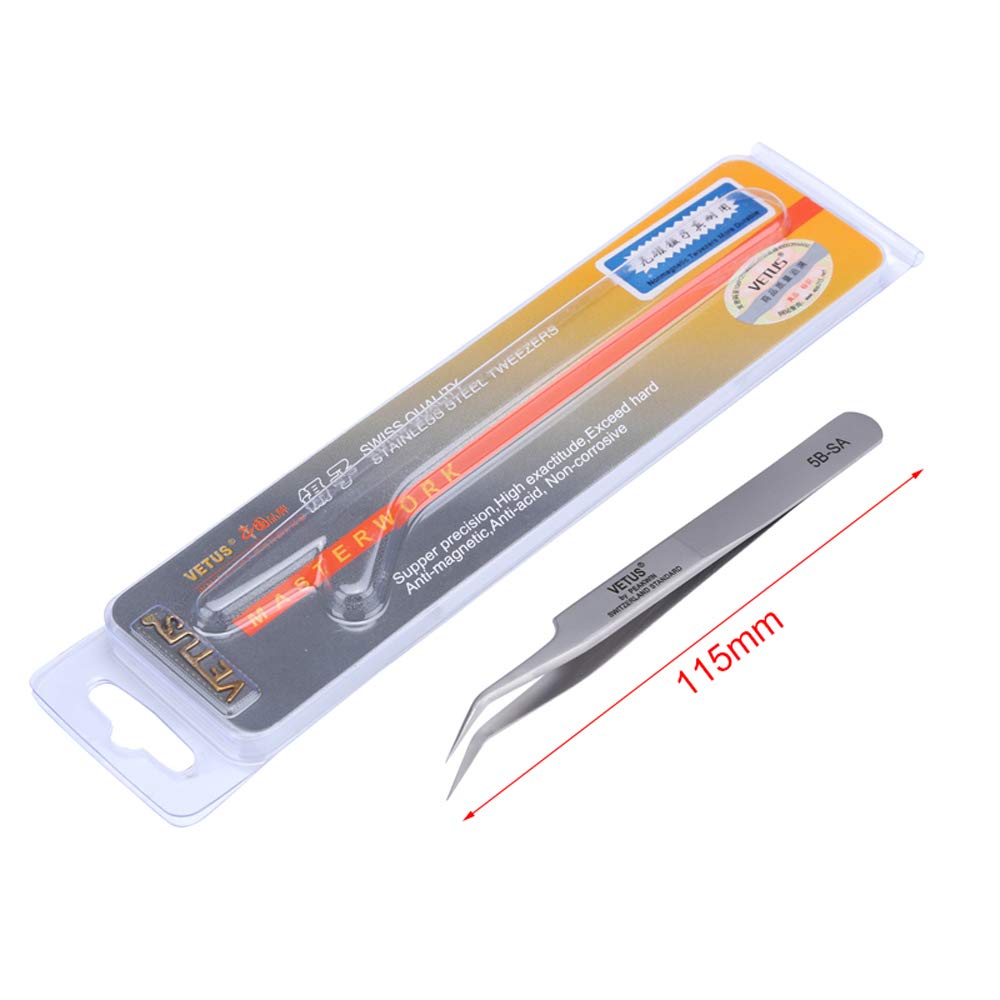 Vetus Tweezer Stainless Steel Non-magnetic Curved Pointed Tip Precision Eyelash Eyebrow Extensions Lashing Tool (5b-sa) Beauty and Personal Care Vetus
