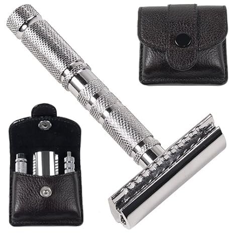 Parker A1R TRAVEL SAFETY RAZOR - Compact 4-Piece Double Edge Safety Razor with Protective Leather Case - Ideal for Everyday Use - Iconic Brand Beauty and Personal Care Parker Safety Razor