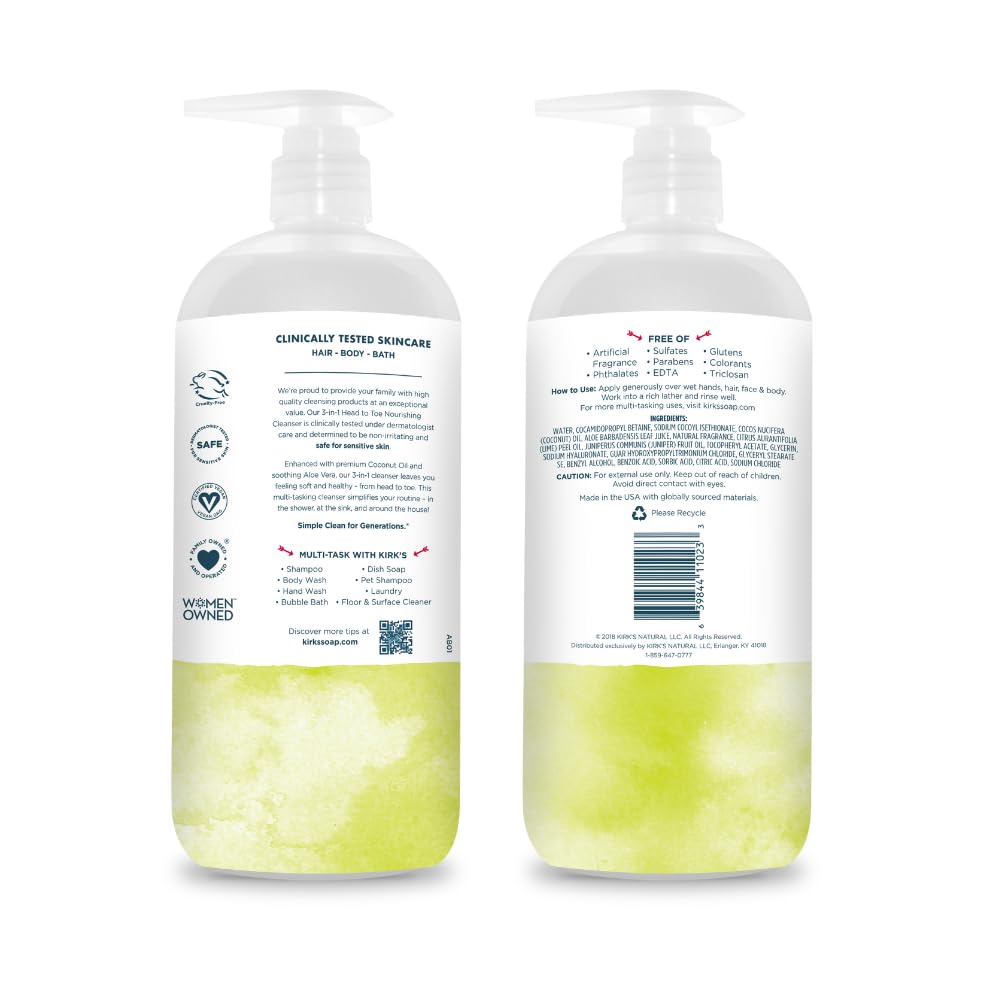 Kirk's 3-in-1 Head to Toe Nourishing Liquid Cleanser- for Men, Women & Children - Premium Coconut Oil & Aloe Vera- Non GMO & Vegan -Juniper & Lime Beauty & Personal Care Kirk's