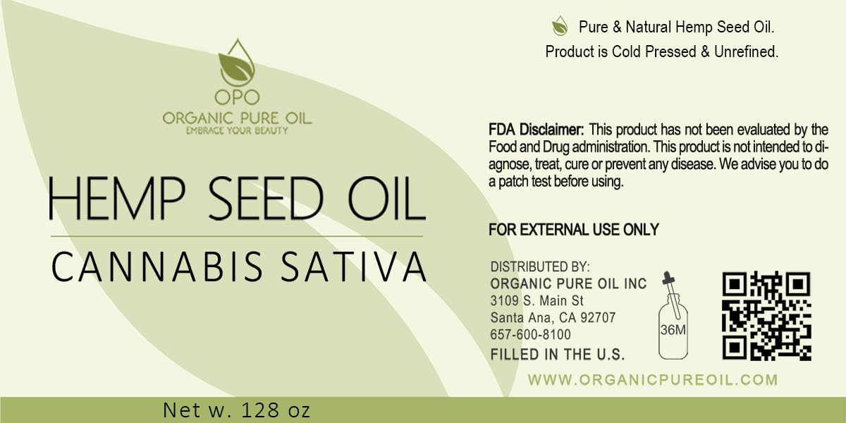 Hemp Seed Oil - Pure, Unrefined, Cold Pressed, All-Natural Non-GMO, Extra Virgin, Undiluted, Carrier Oil - Bulk 128 oz / 1 Gallon - Tinctures, Blends Beauty & Personal Care OPO