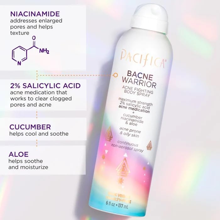 Pacifica Bacne Warrior - Bacne Salicylic Acid Spray, Back Acne Treatment Spray with 2% Salicylic Acid, Niacinamide, and Aloe, Body Acne Warrior Beauty & Personal Care Pacifica