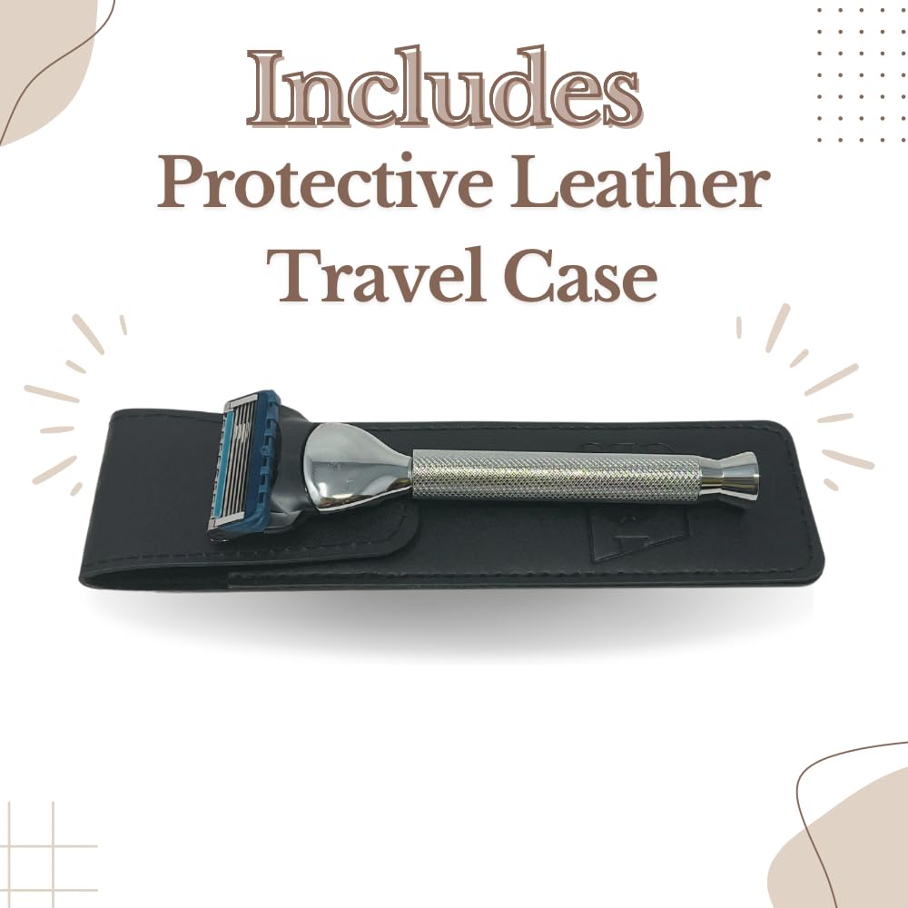 G.B.S Stylish Long Handle Textured Ergonomic Shaving Razor with Protective Leather Case for Travel, Chrome Beauty and Personal Care G.B.S