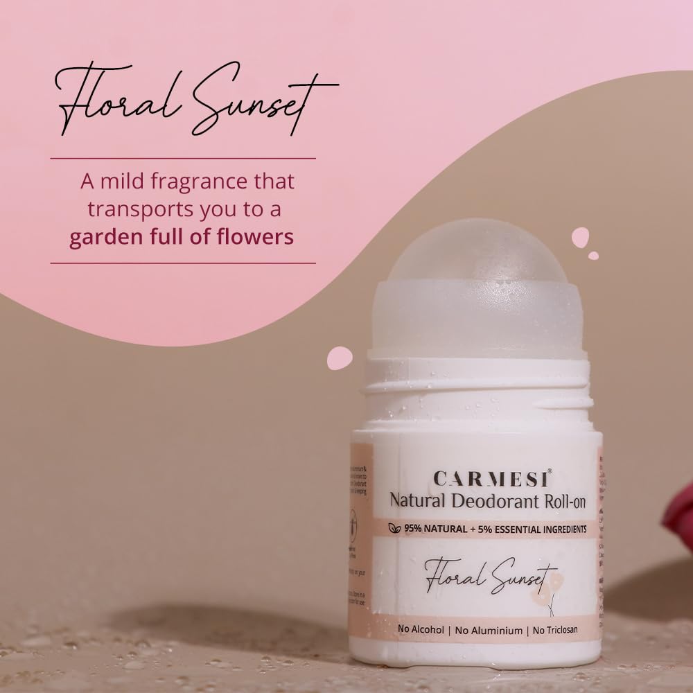 Carmesi Natural Deodorant Roll On - Floral Sunset - 95% Natural - Reduces Dark Underarms & Body Odor - No Aluminium & Alcohol-Free for Women - 1.69 Fl Beauty and Personal Care Carmesi