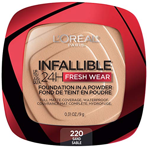 L'Oreal Paris Makeup Infallible Fresh Wear Foundation in a Powder, Up to 24H Wear, Waterproof, Sand, 0.31 oz. (Packaging May Vary)