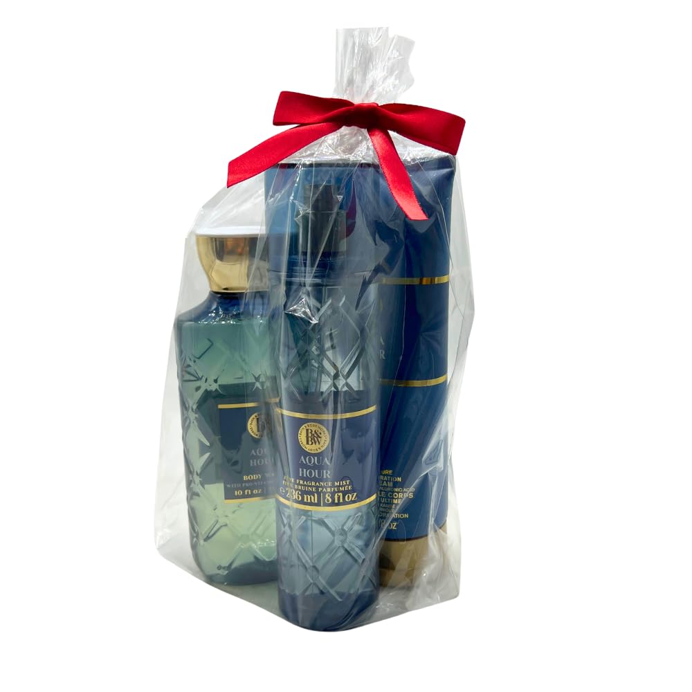 Bath & Body Works AQUA HOUR Fine Fragrance Mist, Ultimate Hydration Body Cream & Body Wash 3-piece Gift Set with a Red Bow for Holidays - Full Size Beauty and Personal Care Bath & Body Works