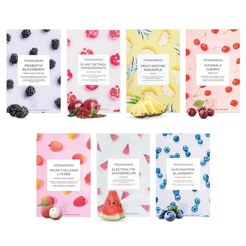Vitamasques Face Masks Skincare Sheet Kit, 7-Pack - Juicy Collection of Triple-Layer Sheet Facial Masks - Korean Skin Care Pore Purifying Beauty & Personal Care Vitamasques
