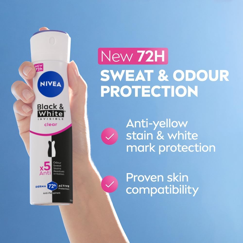 NIVEA Black & White Invisible Clear Anti-Perspirant Deodorant Spray 200ml - 72H Sweat & Odor Protection - Anti-Stain Formula for Black & White Clothes Beauty and Personal Care NIVEA