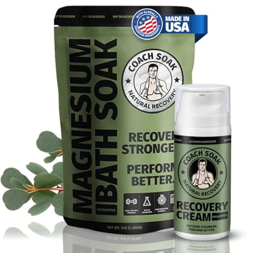 Coach Soak Recovery Bath Soak & Magnesium Cream - Bath Salt (3 lb) & Magnesium Lotion (3.4 oz) - Natural Recovery Cream & Fast-Absorbing Pure Flakes Beauty & Personal Care Coach Soak