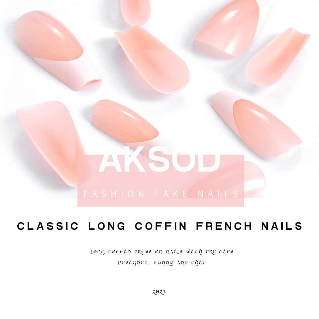 Aksod Long Coffin French Manicure Press on Nails Tips Glossy Pink Fake Nails Designed Ballerina Full Cover Artificial False Nails Tips for Women Beauty & Personal Care Aksod