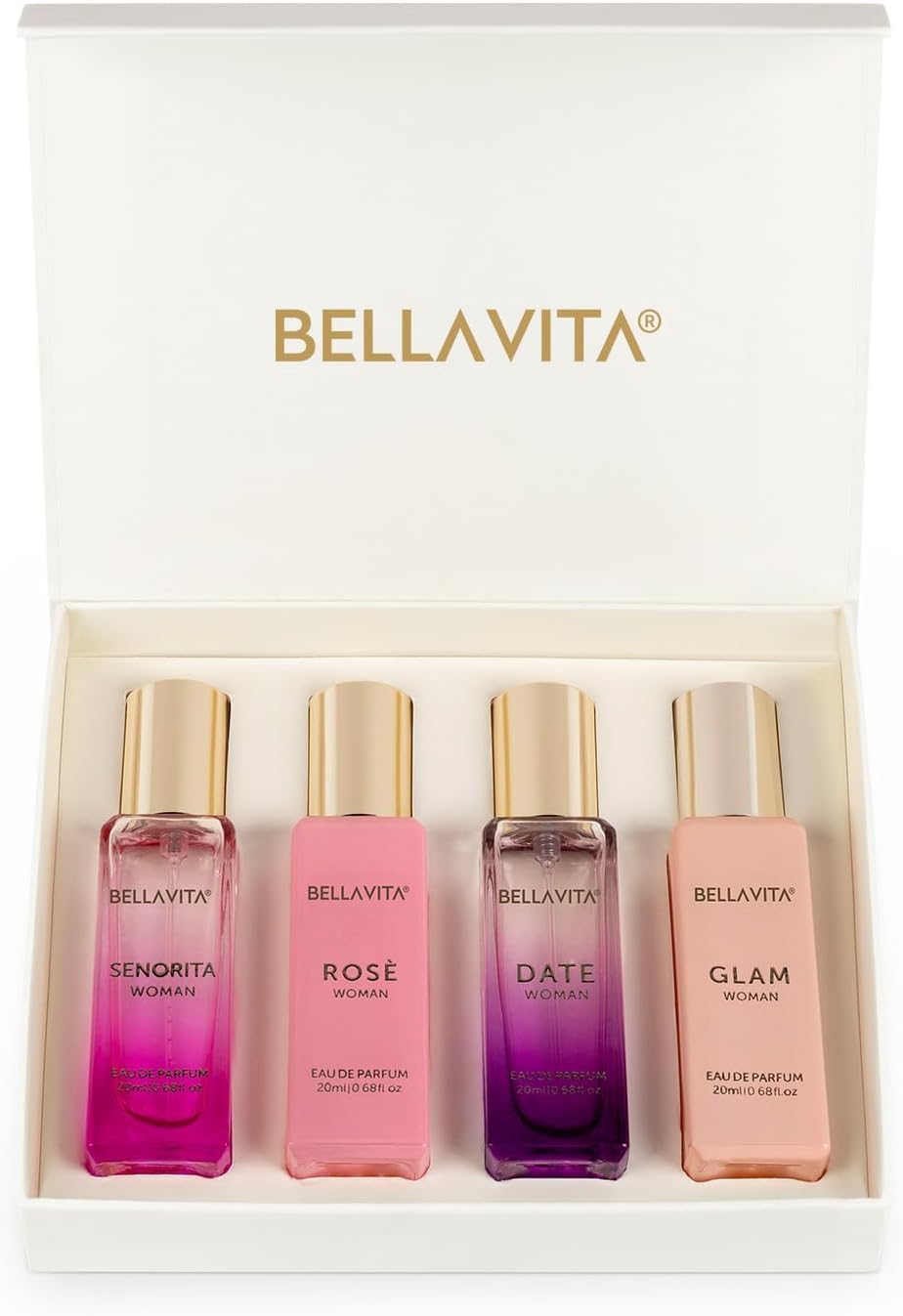 BellaVita Luxury Women's Perfume Gift Set | 4x20ml | Notes of Floral, Sweet, Spicey Red Fruit, Vanilla & Musk | DATE, SENORITA, GLAM & ROSE | French Beauty & Personal Care Bella Vita Luxury