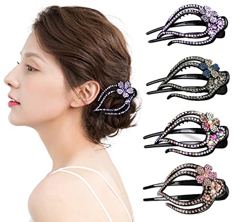 Yusier 4PCS Heart Style Ponytail Duckbill Clips with Headdresses for Women, Flower Rhinestone Barrettes Sparkly Prom Diamond Hair Clips (Plum Blossom) Beauty & Personal Care Yusier