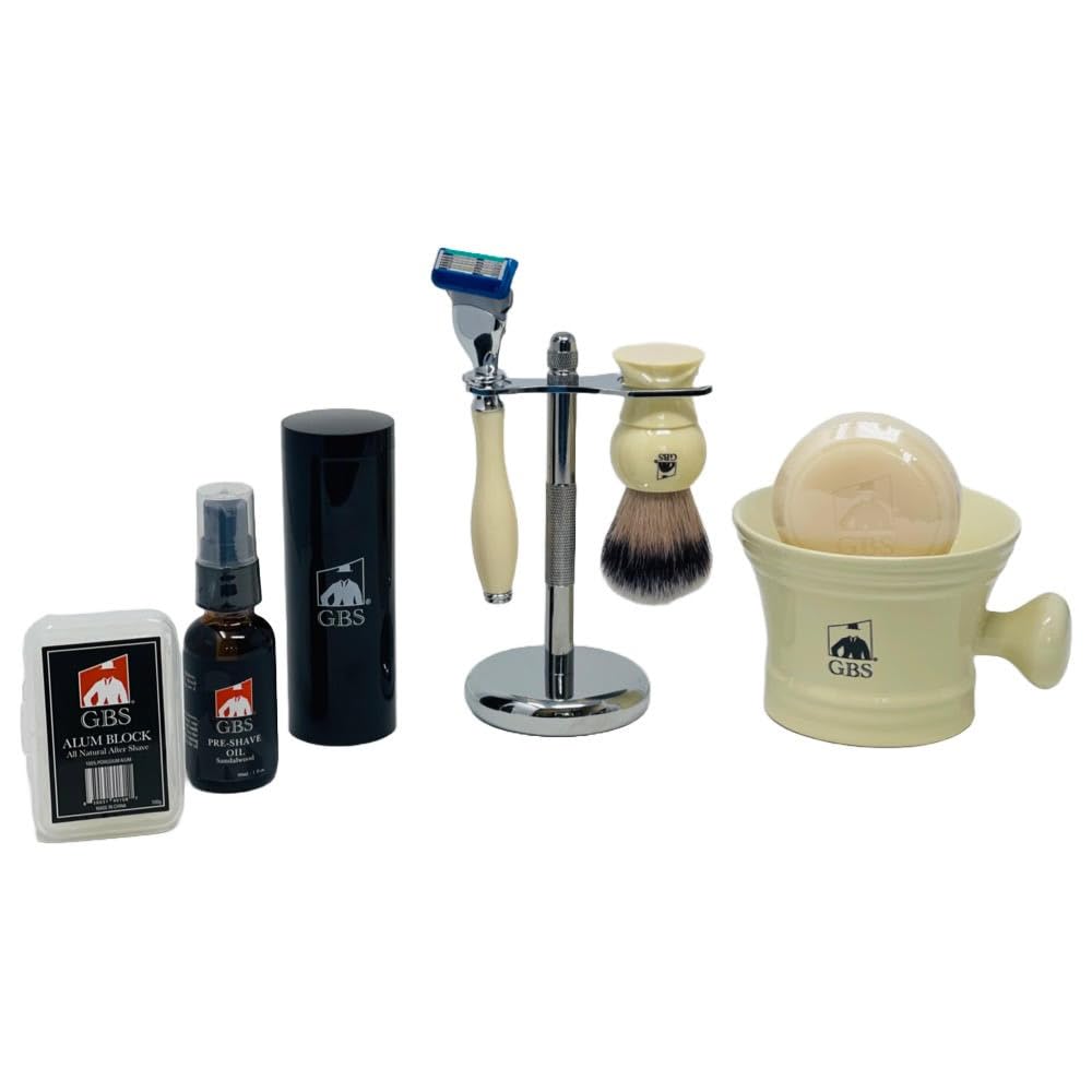 G.B.S Men's Shaving Set Five Blade Razor, Synthetic Brush and Razor Dual Stand, Ivory Shaving Mug with G.B.S Shave Soap Alum Block Travel Brush Tube Beauty and Personal Care G.B.S