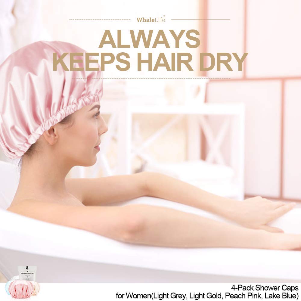 Shower Cap for Women Reusable Extra Large Shower Caps for Men Satin Double Layer EVA Waterproof Long Hair Caps(Light Grey, Light Gold, Peach Pink Beauty & Personal Care WhaleLife