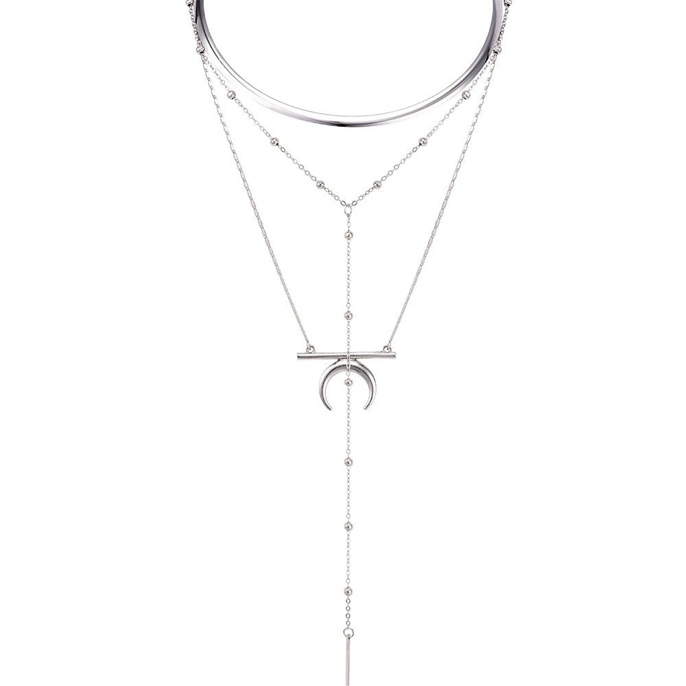 DoubleNine Big Circle Long Chain Moon Crescent Bar Pendant Gothic Multi-layer Necklace Silver Choker for Women Girls Beauty & Personal Care Doubnine