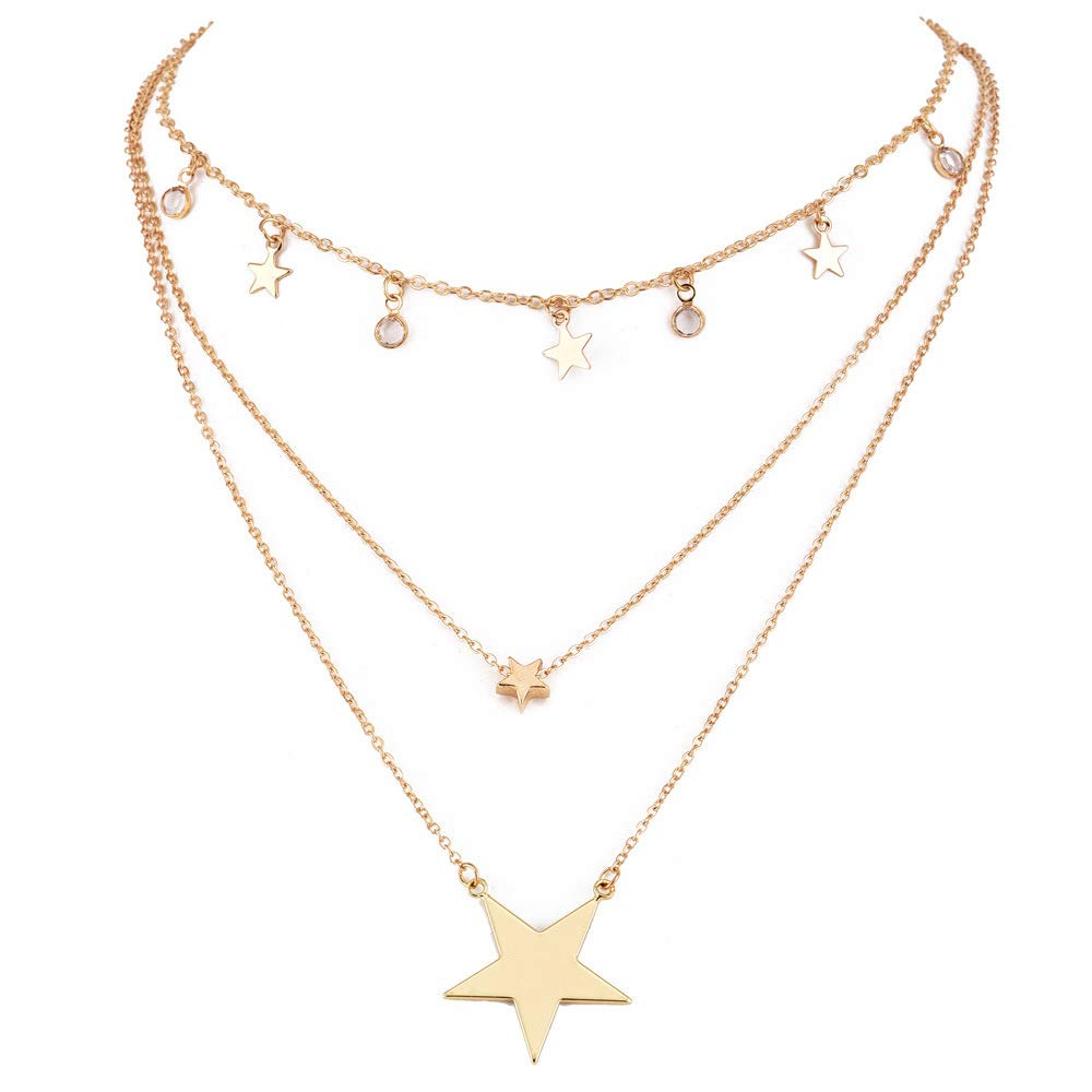 DoubleNine Large Star Crystal Pendant Gold Tassels Dangle Layered Necklace for Women Girls Beauty & Personal Care Doubnine