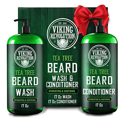 Viking Revolution Tea Tree Oil Beard Wash and Beard Conditioner For Men - Natural Beard Softener Set with Argan Oil, Vitamin E and Ginseng - Beard Beauty & Personal Care Viking Revolution
